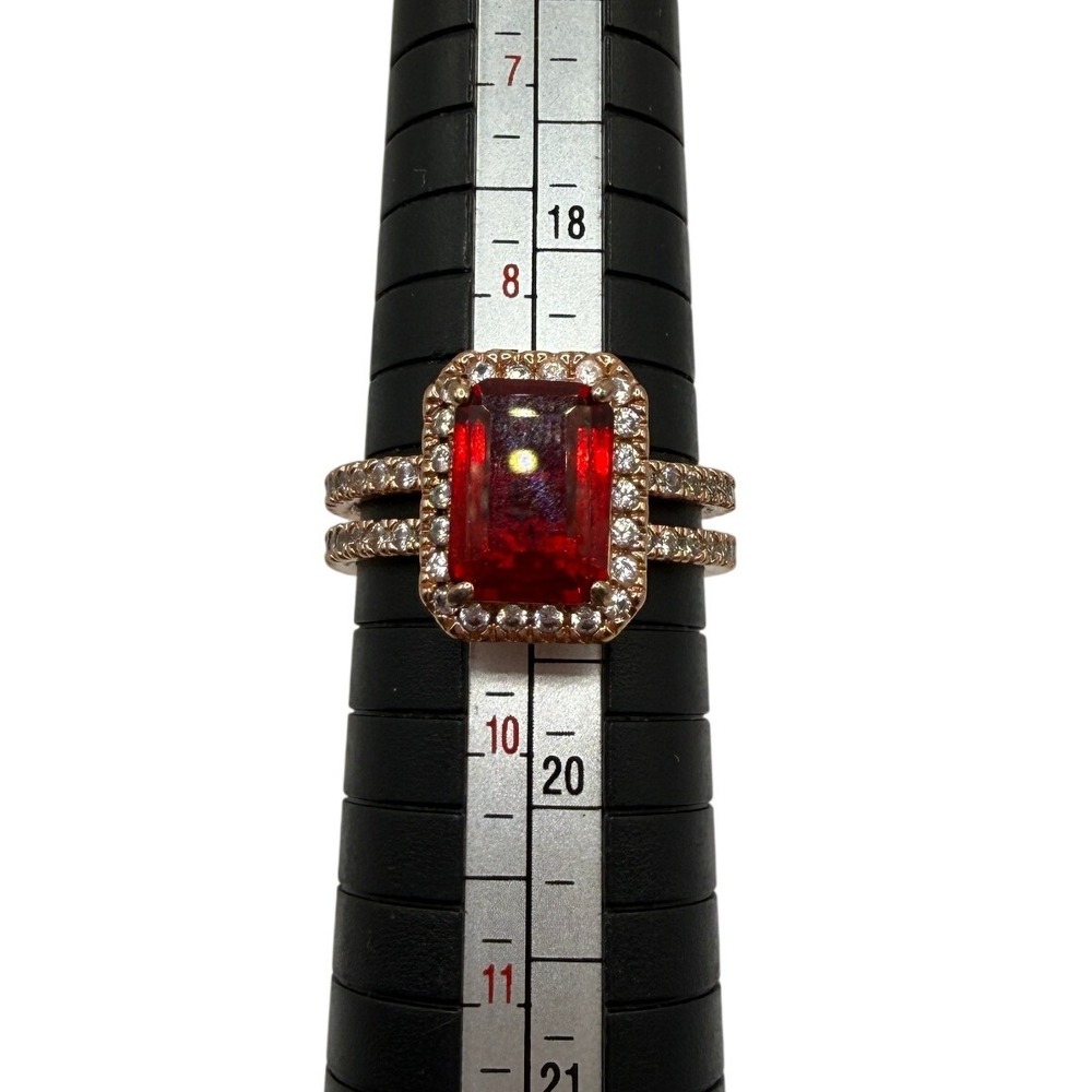 Glamorous Emerald Cut Red Stone Rose Gold Tone Cocktail Halo Ring Bomb Party